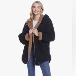 Urban Outfitters Reversible Teddy Bear Hooded Coat Black Brown Sherpa M/L Comfy